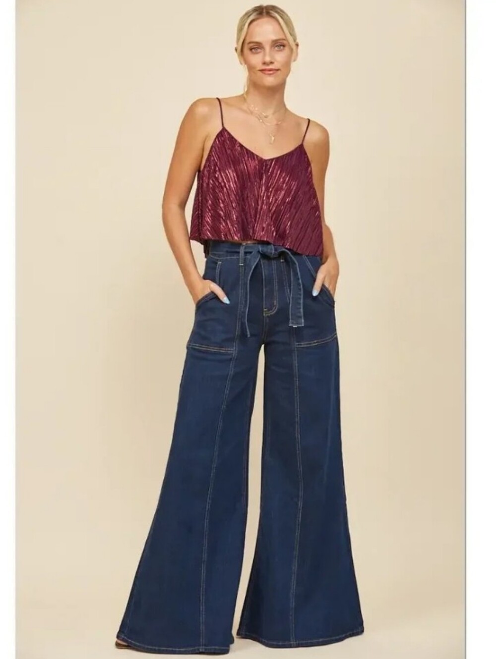 NWT Wysteria Lane Wide Leg Palazzo Belt Tie Jeans